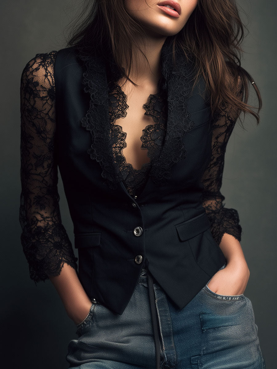 Rebeca | Elegante blazer negro con sofisticadas mangas semitransparentes