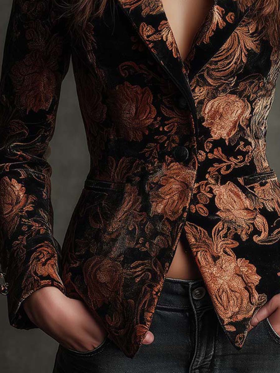 Agustina | Elegante blazer de sastrería con sofisticado estampado floral en negro y bronce