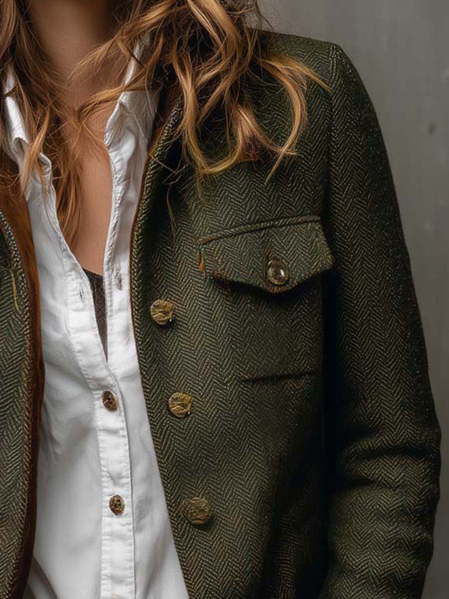 Pastora | Blazer vintage de espiga con elegantes ribetes en contraste