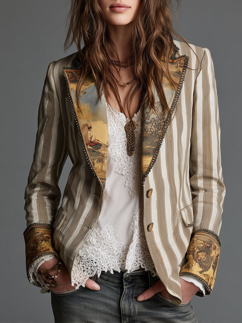 Felisa | Blazer bohemio de rayas con elegante cuello estampado