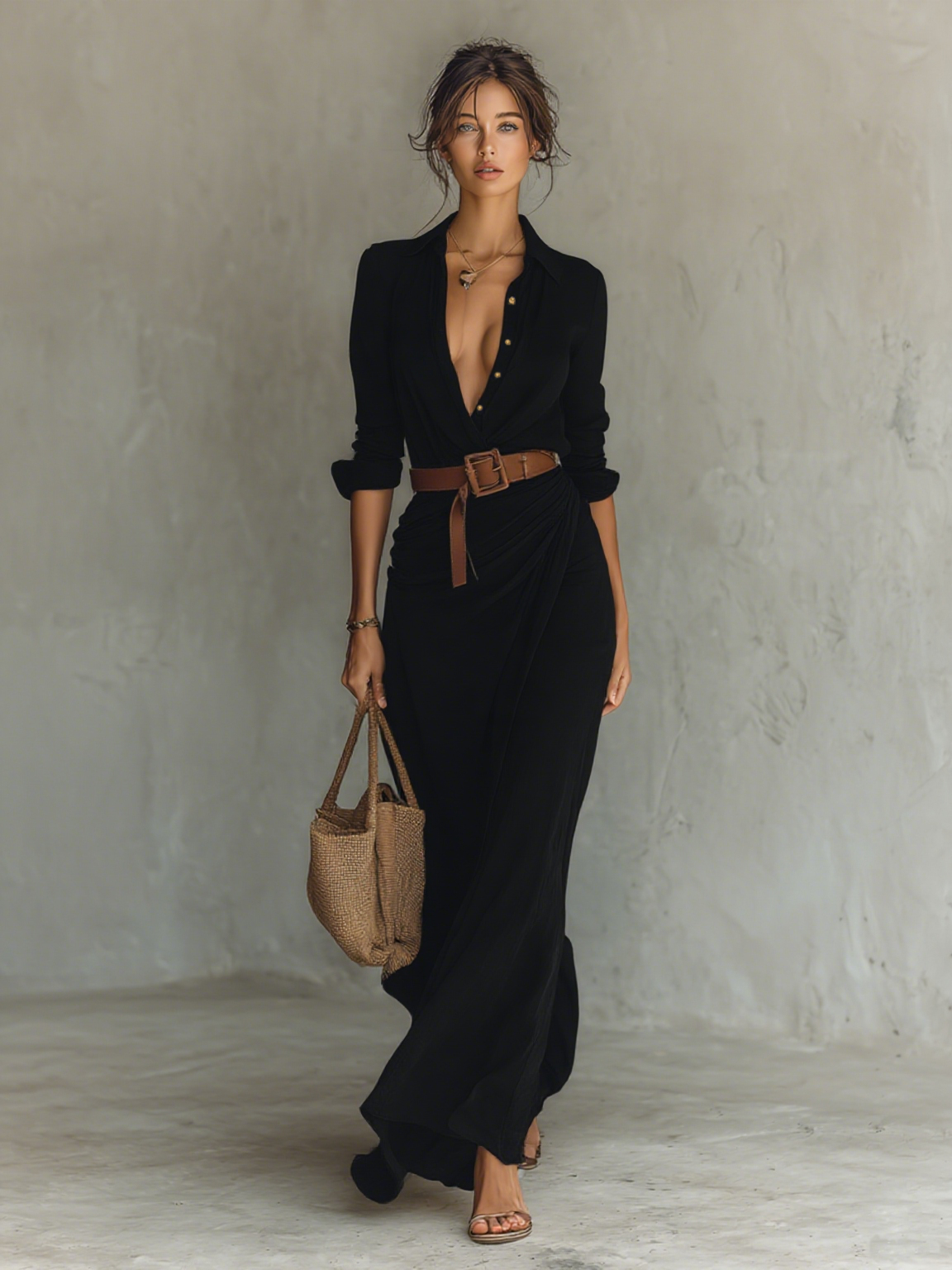 Elena | Vestido largo con solapa y cinturón