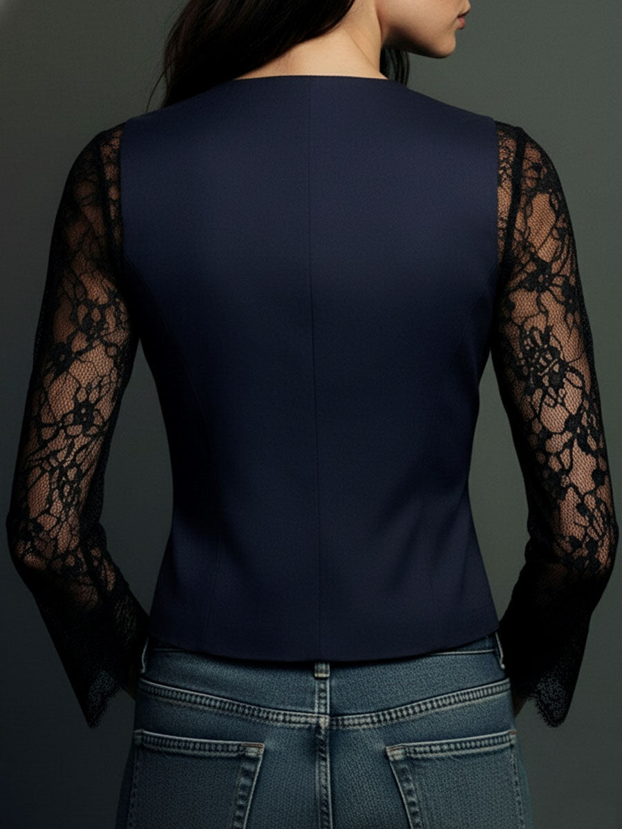 Rebeca | Elegante blazer negro con sofisticadas mangas semitransparentes