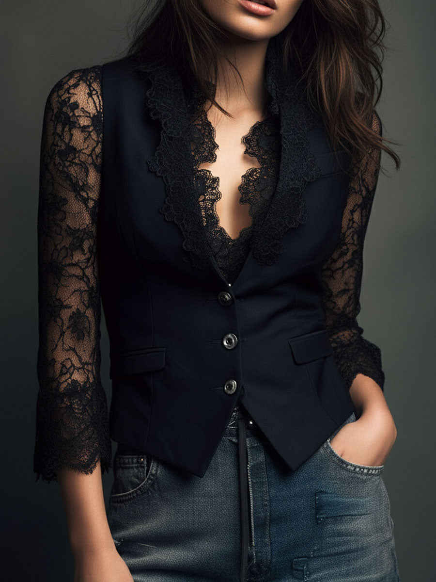 Rebeca | Elegante blazer negro con sofisticadas mangas semitransparentes