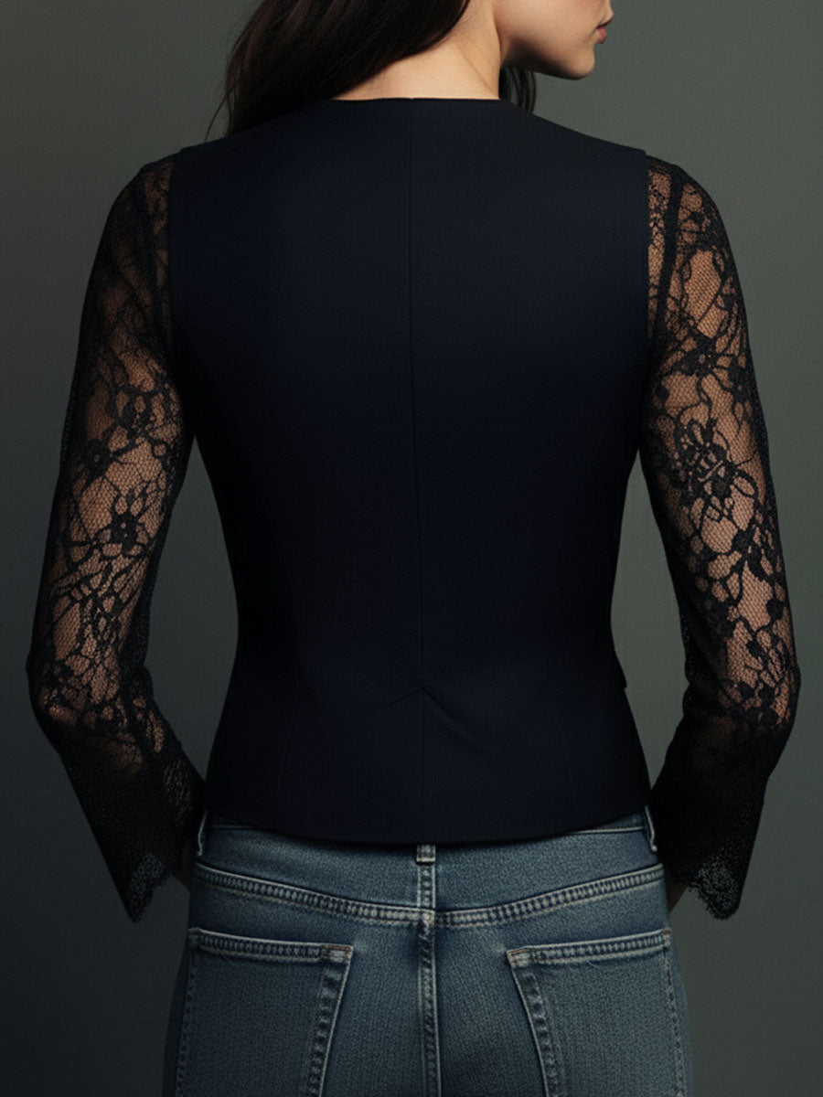 Rebeca | Elegante blazer negro con sofisticadas mangas semitransparentes