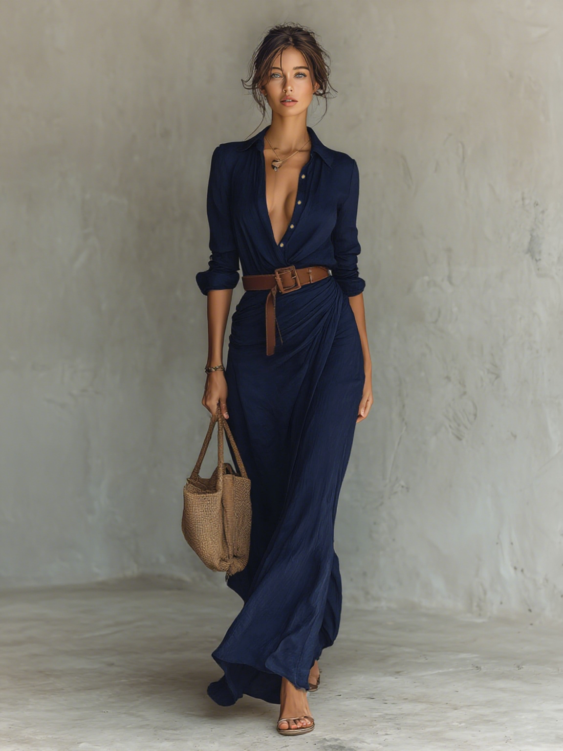 Elena | Vestido largo con solapa y cinturón