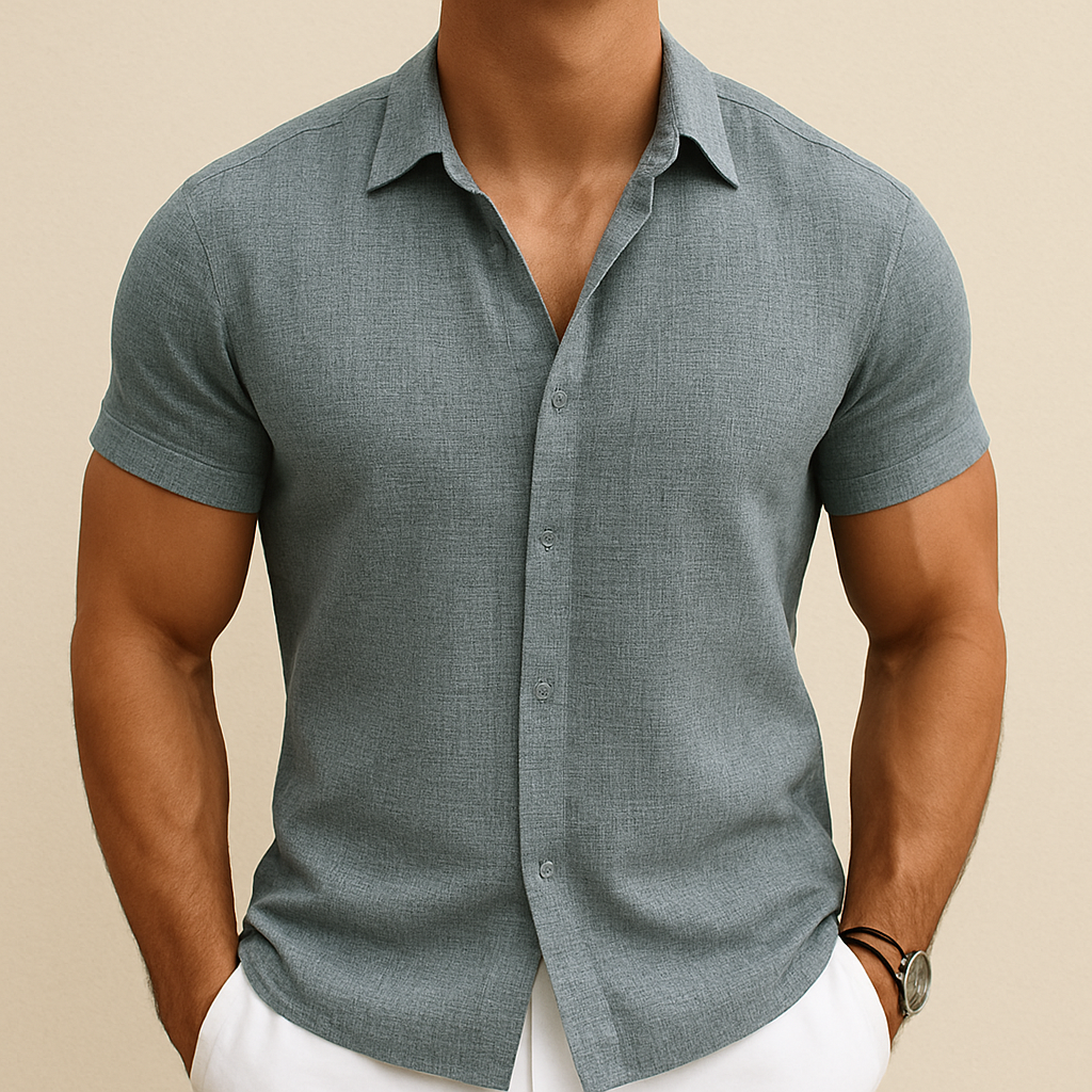 Camisa de Lino y Algodón de Manga Corta