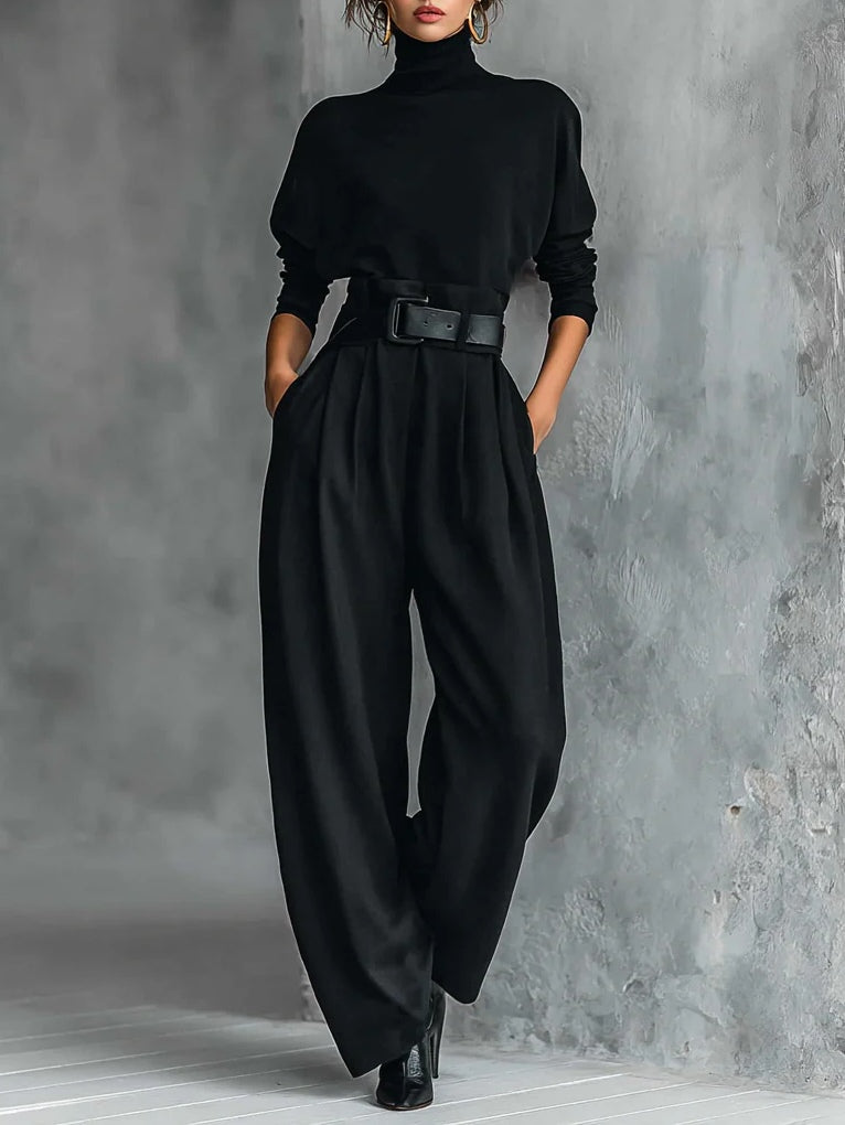 Inés | Conjunto negro de top y pantalón ancho con cinturón