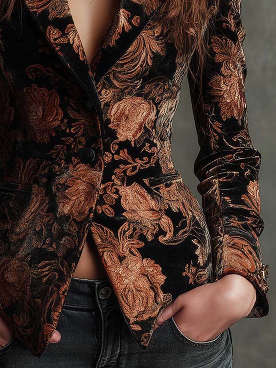 Agustina | Elegante blazer de sastrería con sofisticado estampado floral en negro y bronce
