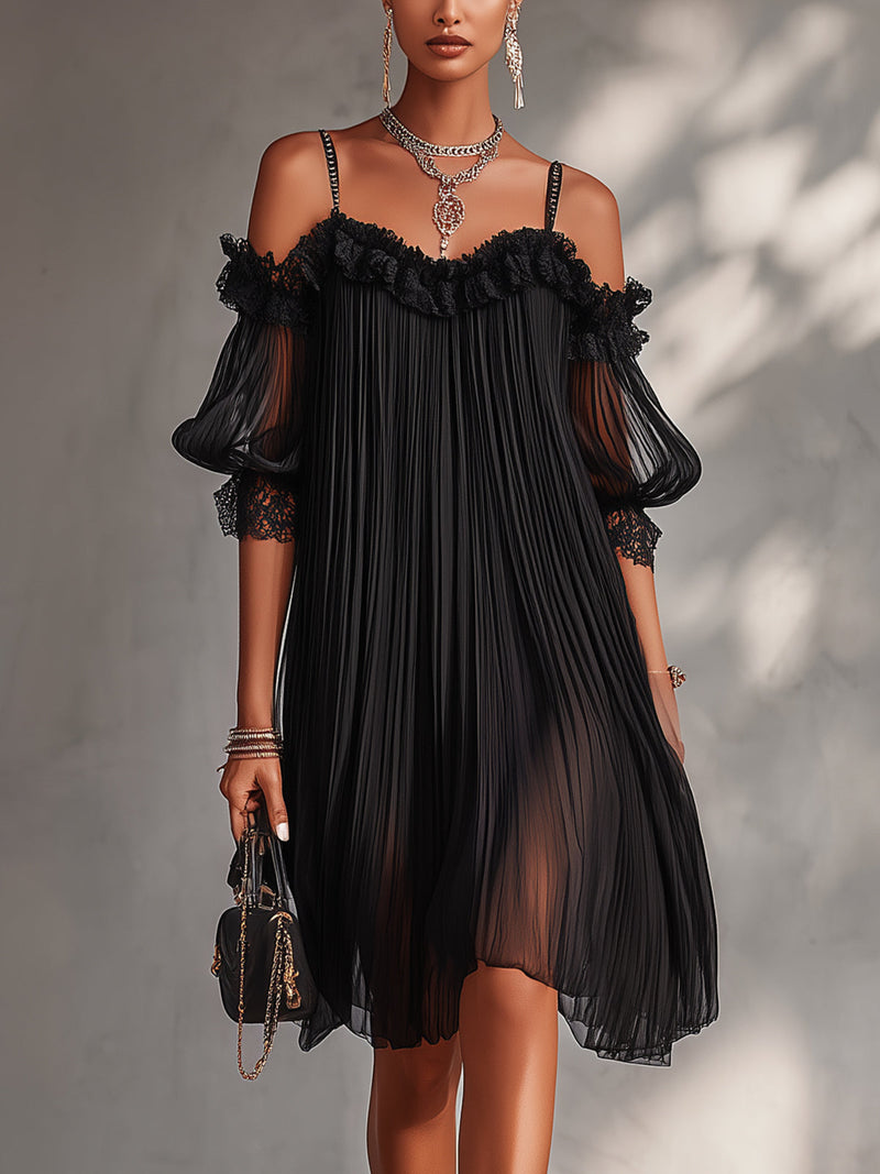 Camila | Mini Vestido Negro de Gasa con Hombros Descubiertos