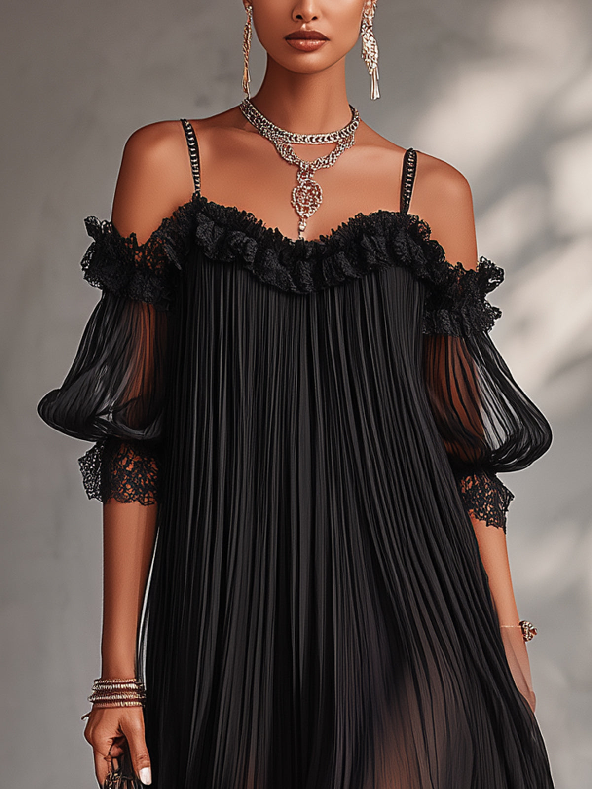 Camila | Mini Vestido Negro de Gasa con Hombros Descubiertos