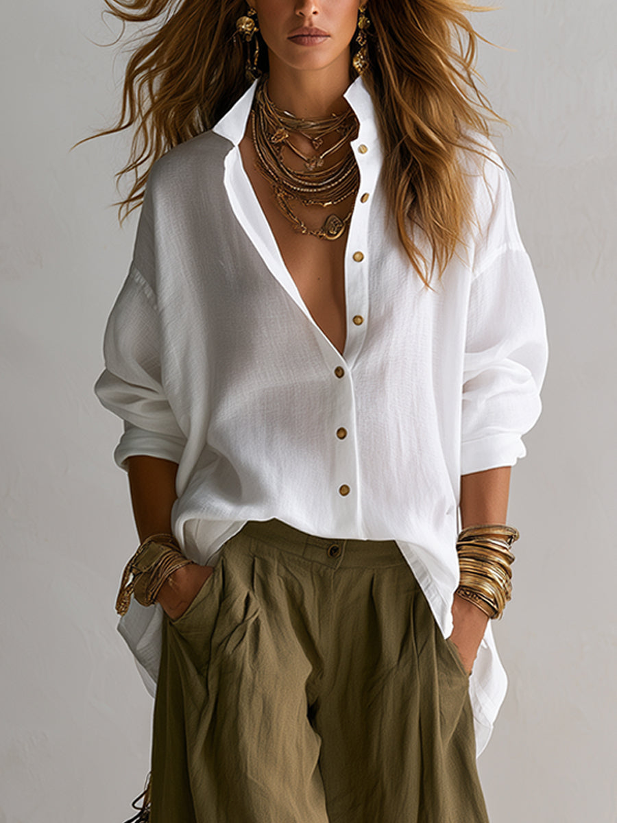 Concha | Conjunto de Blusa Blanca Holgada y Pantalón Farol Verde Oliva
