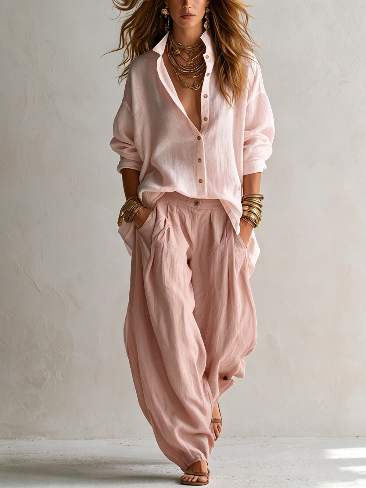 Concha | Conjunto de Blusa Blanca Holgada y Pantalón Farol Verde Oliva