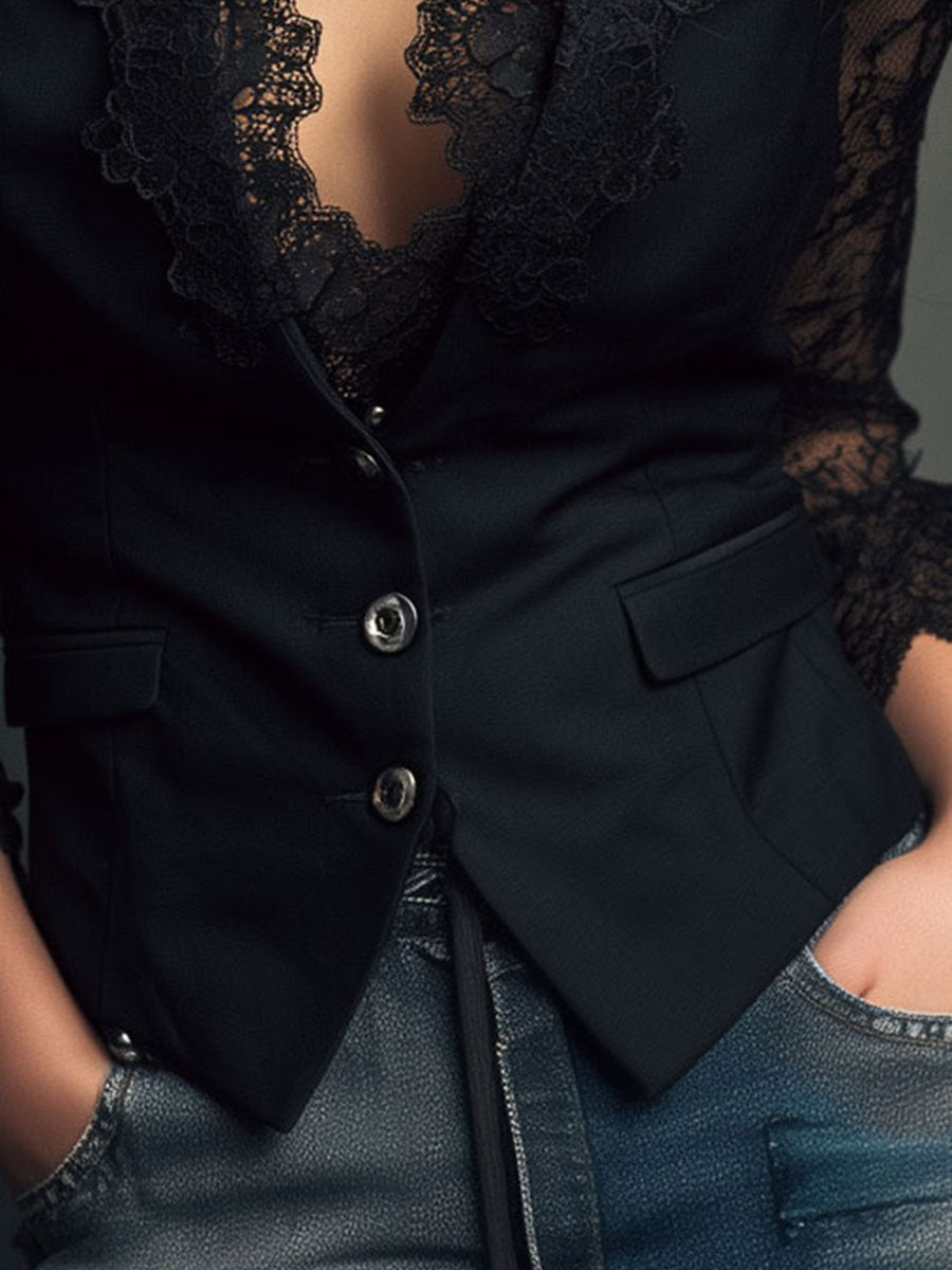 Rebeca | Elegante blazer negro con sofisticadas mangas semitransparentes
