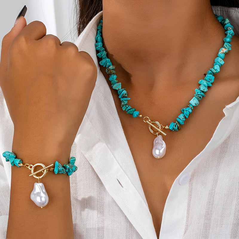 Amaya | Conjunto de collar y pulsera con turquesa y perla
