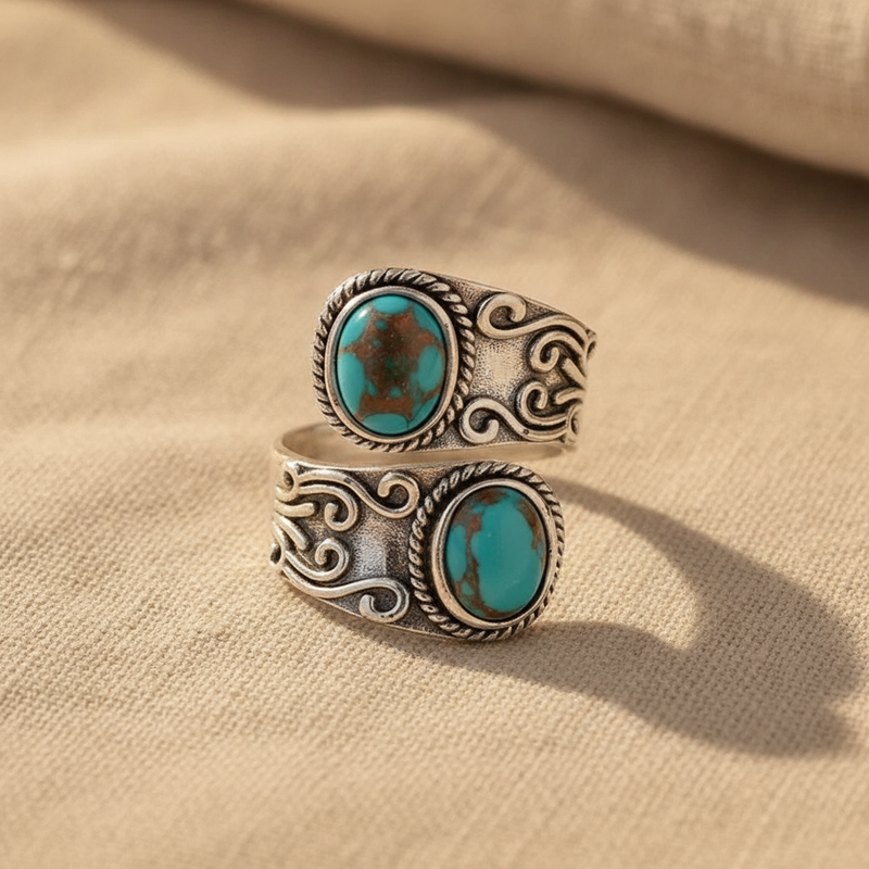 Caridad | Anillo Envolvente de Plata con Doble Turquesa