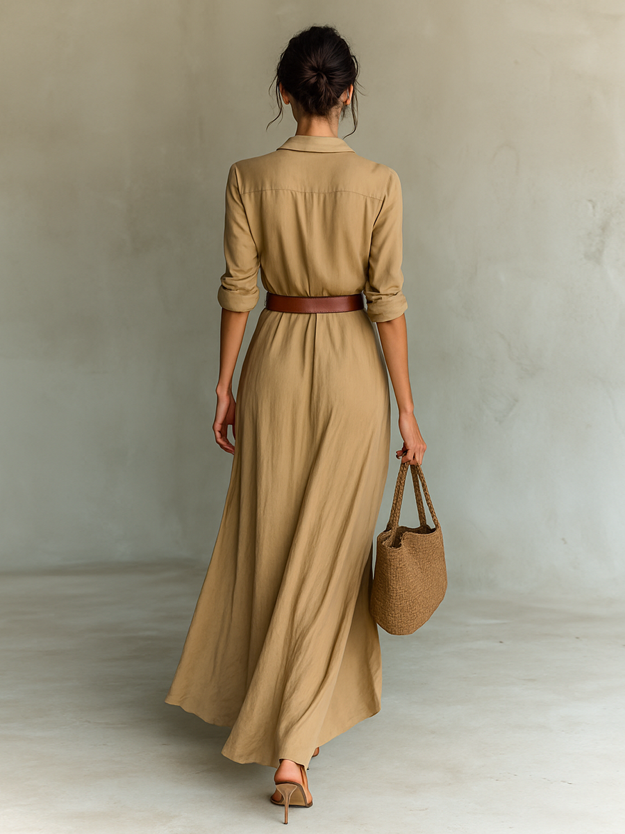Elena | Vestido largo con solapa y cinturón