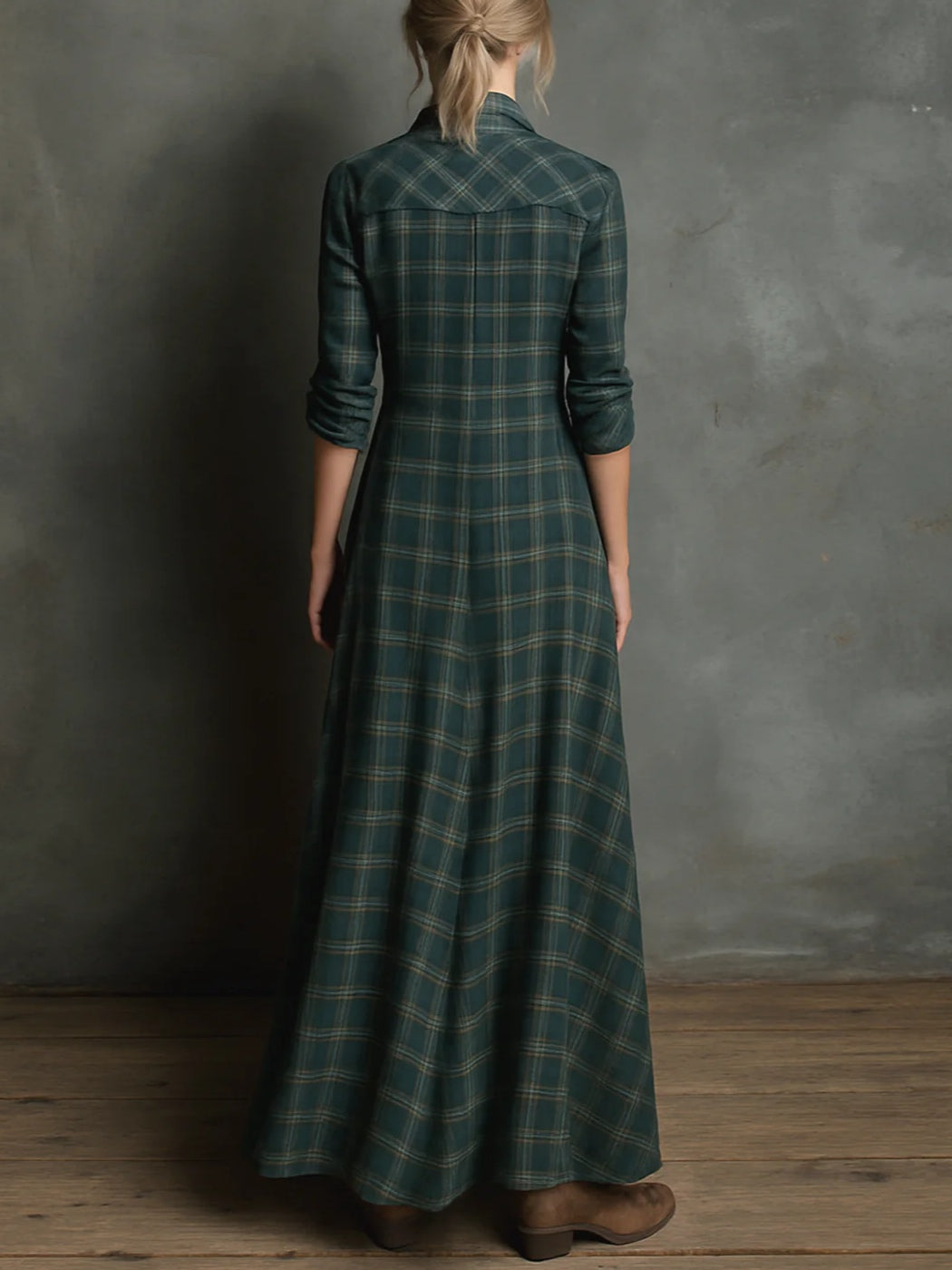 Maribel | Vestido Camisero Largo con Cuadros Verdes