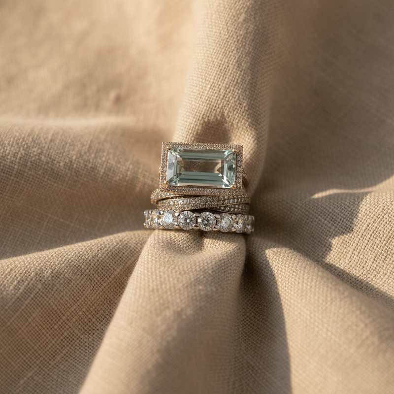 Lola | Conjunto de 3 Anillos Art Déco con Aguamarina